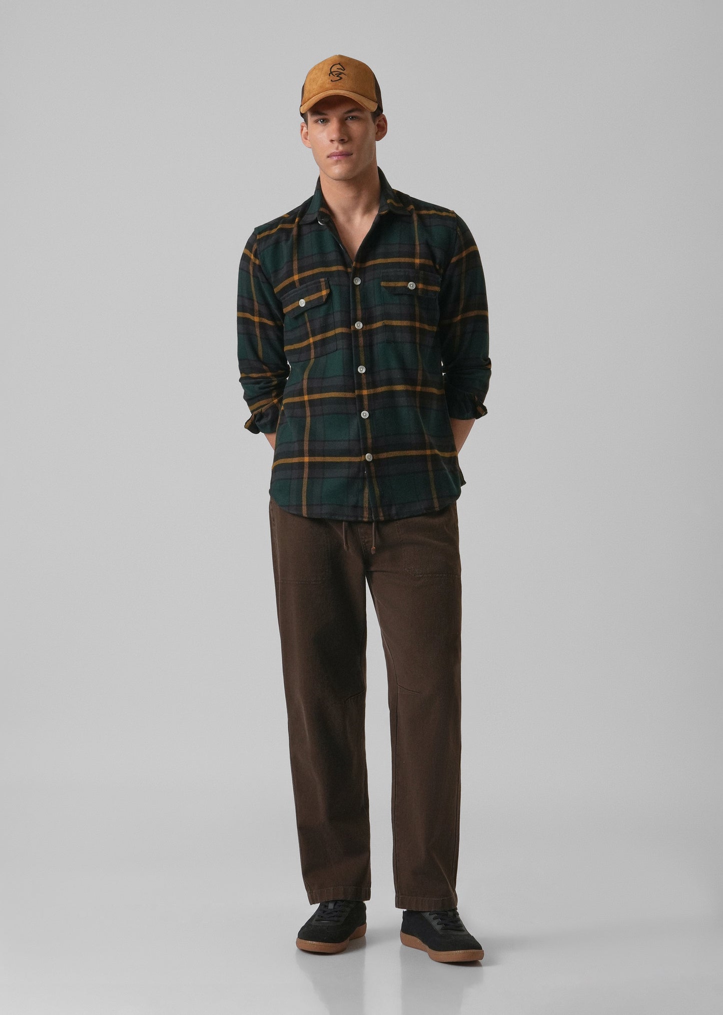 Olive Green Brushed Cotton Check Shirt