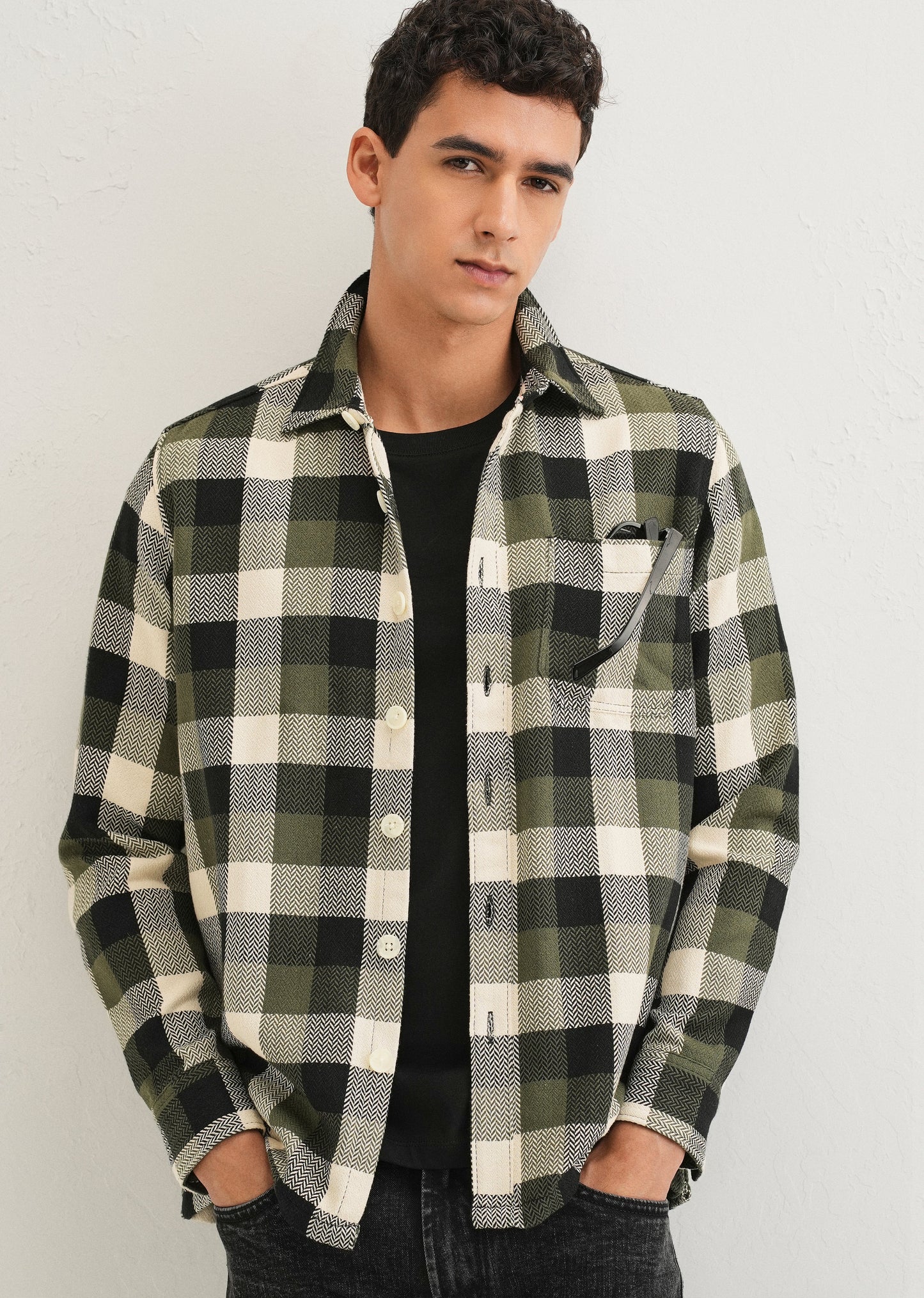 Olive Green Checked Overshirt