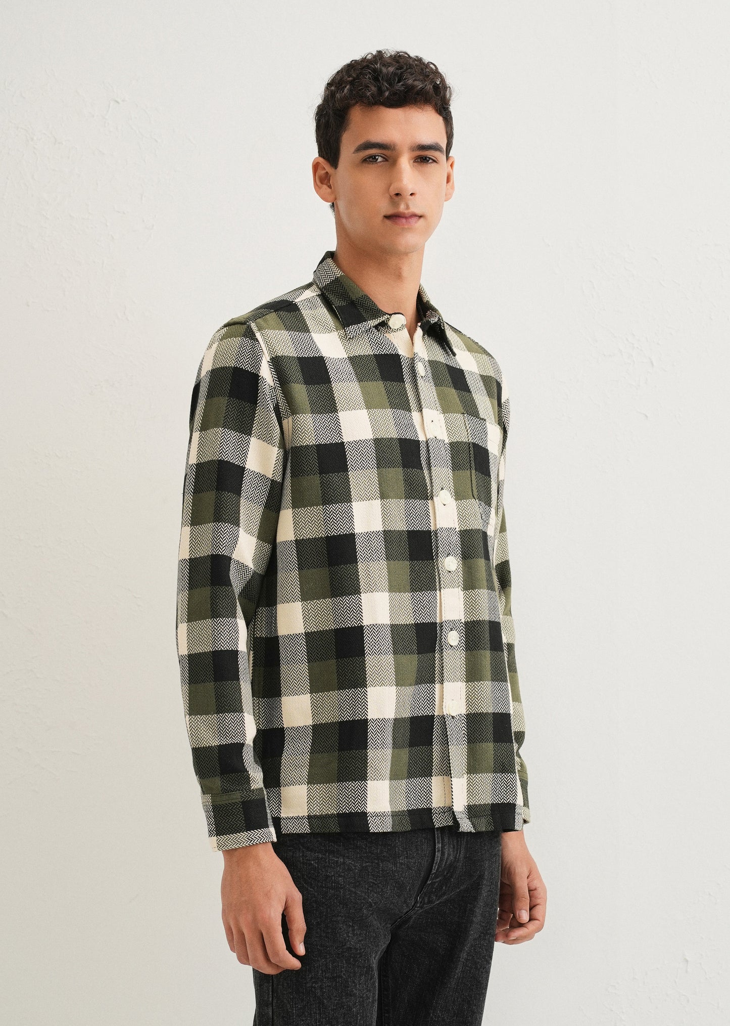 Olive Green Checked Overshirt