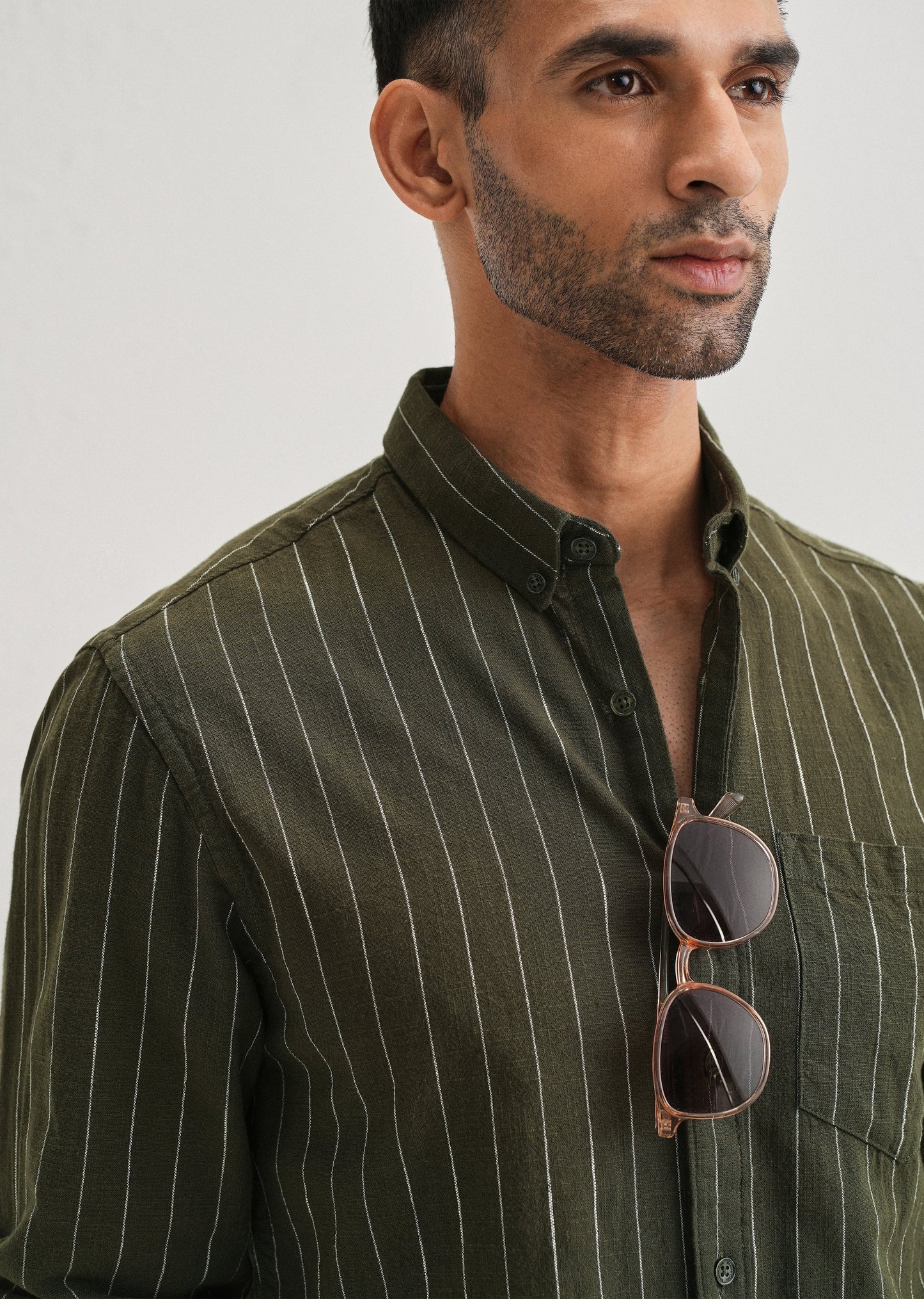 Olive Green Striped Cotton Linen Shirt