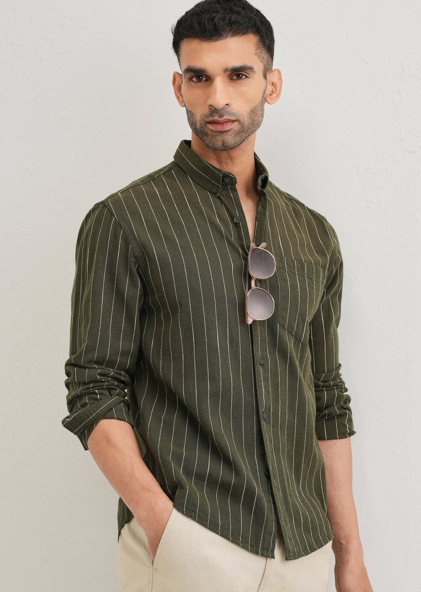 Olive Green Striped Cotton Linen Shirt