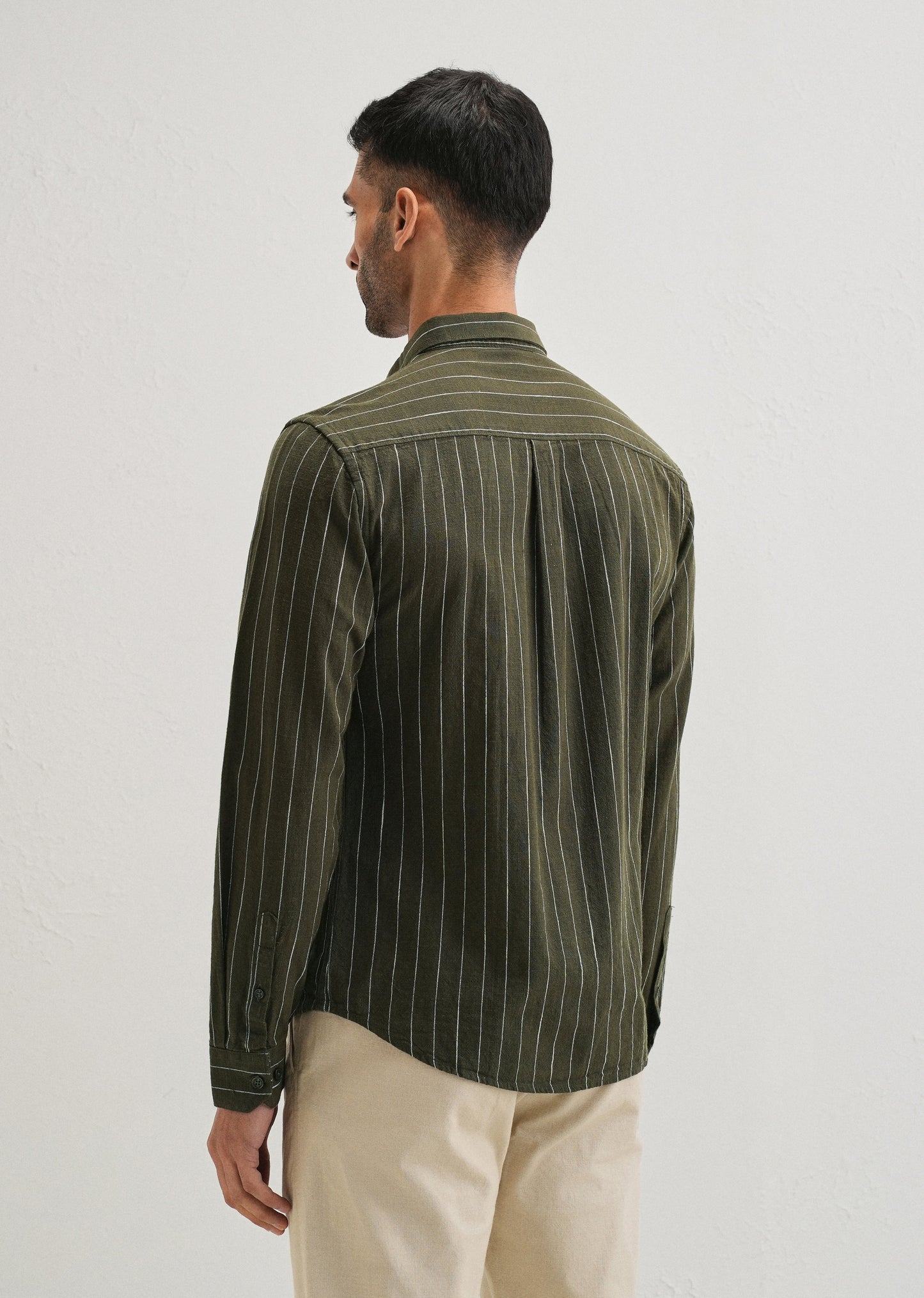 Olive Green Striped Cotton Linen Shirt