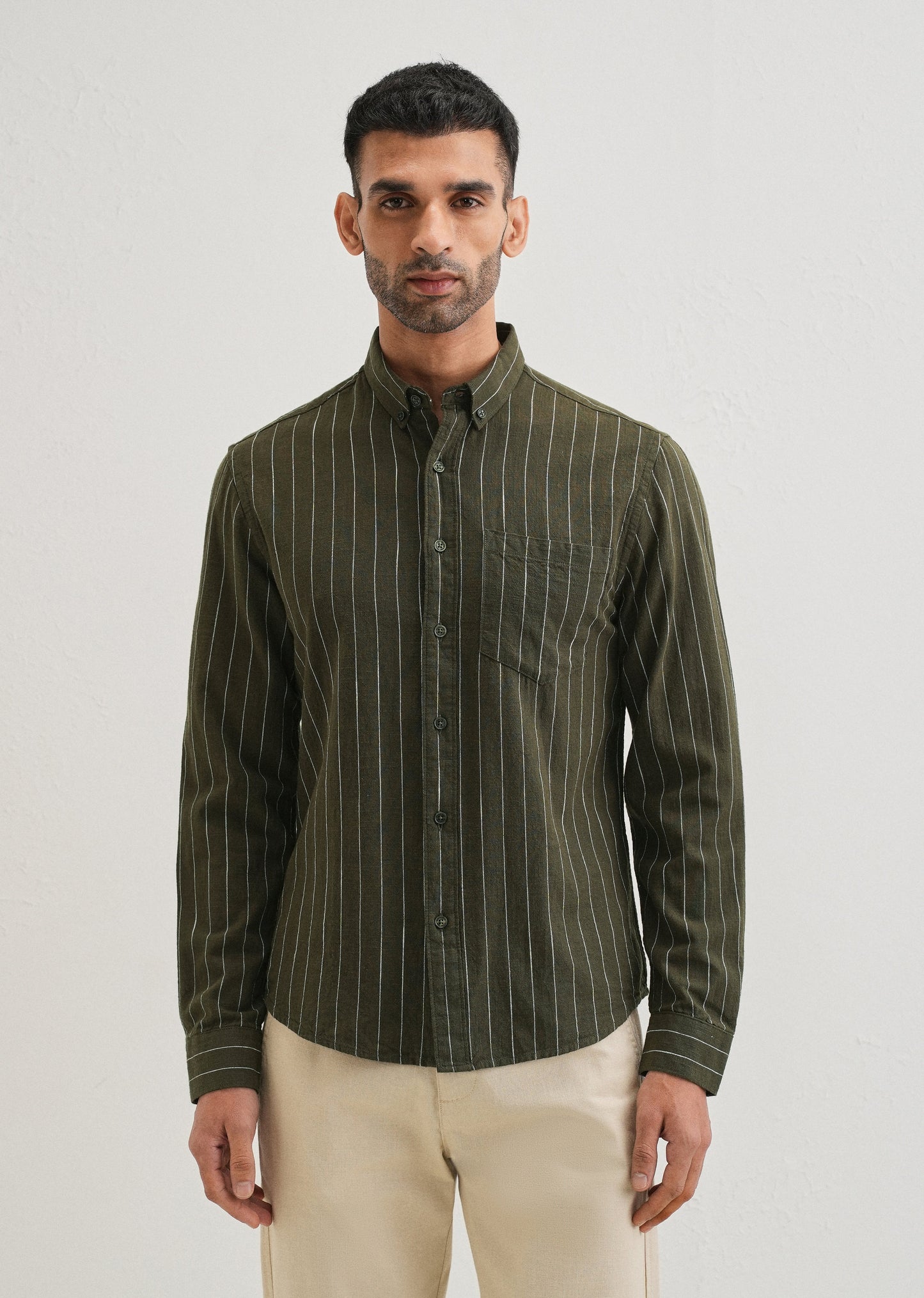 Olive Green Striped Cotton Linen Shirt
