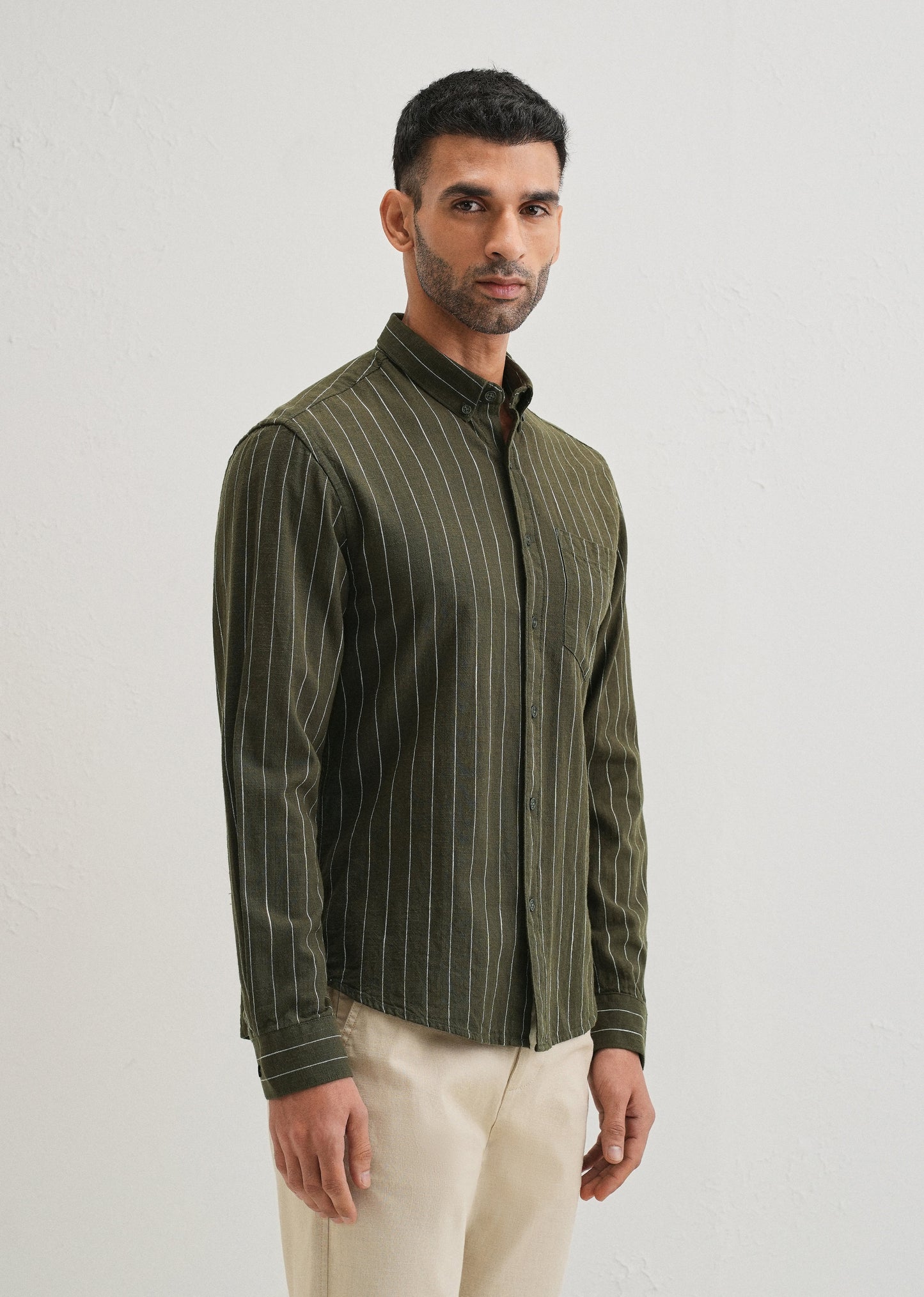 Olive Green Striped Cotton Linen Shirt