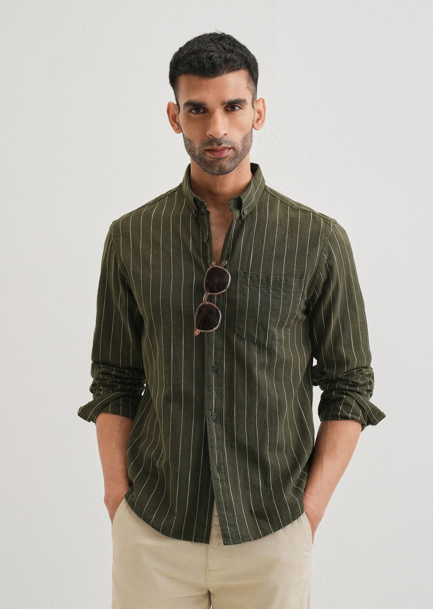 Olive Green Striped Cotton Linen Shirt