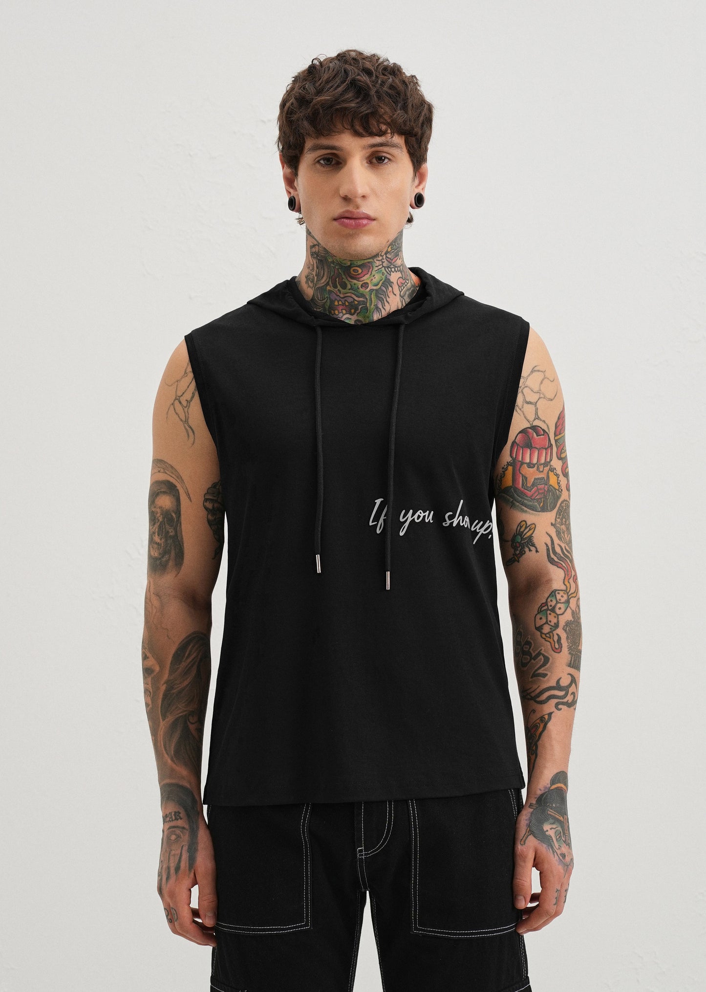 Onyx Black Typography Printed Hoodie Tank