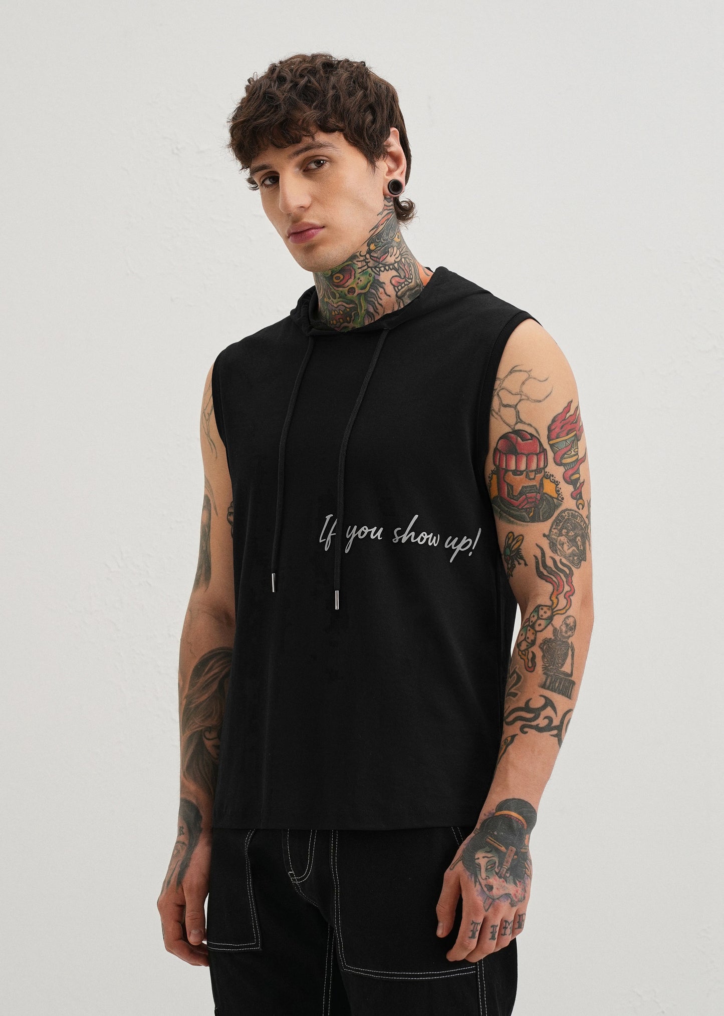 Onyx Black Typography Printed Hoodie Tank