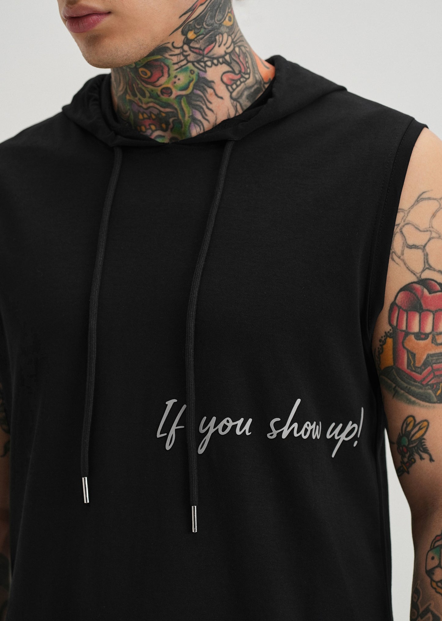Onyx Black Typography Printed Hoodie Tank