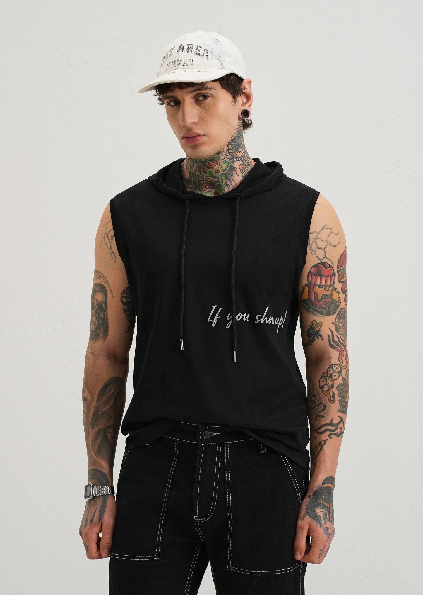 Onyx Black Typography Printed Hoodie Tank