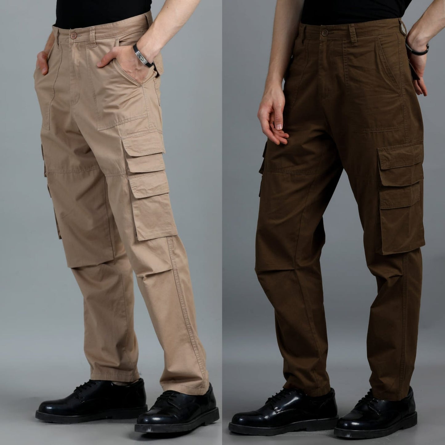Pack of 2 Cotton Relaxed Fit Cargo Trousers, Brown khakhi