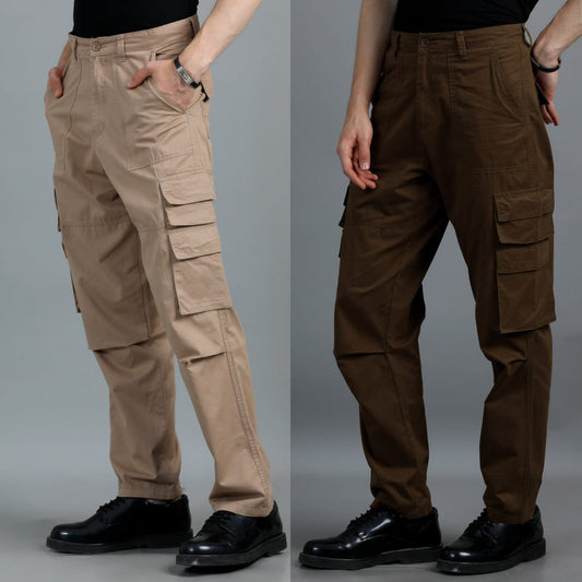 Pack of 2 Cotton Relaxed Fit Cargo Trousers, Brown khakhi