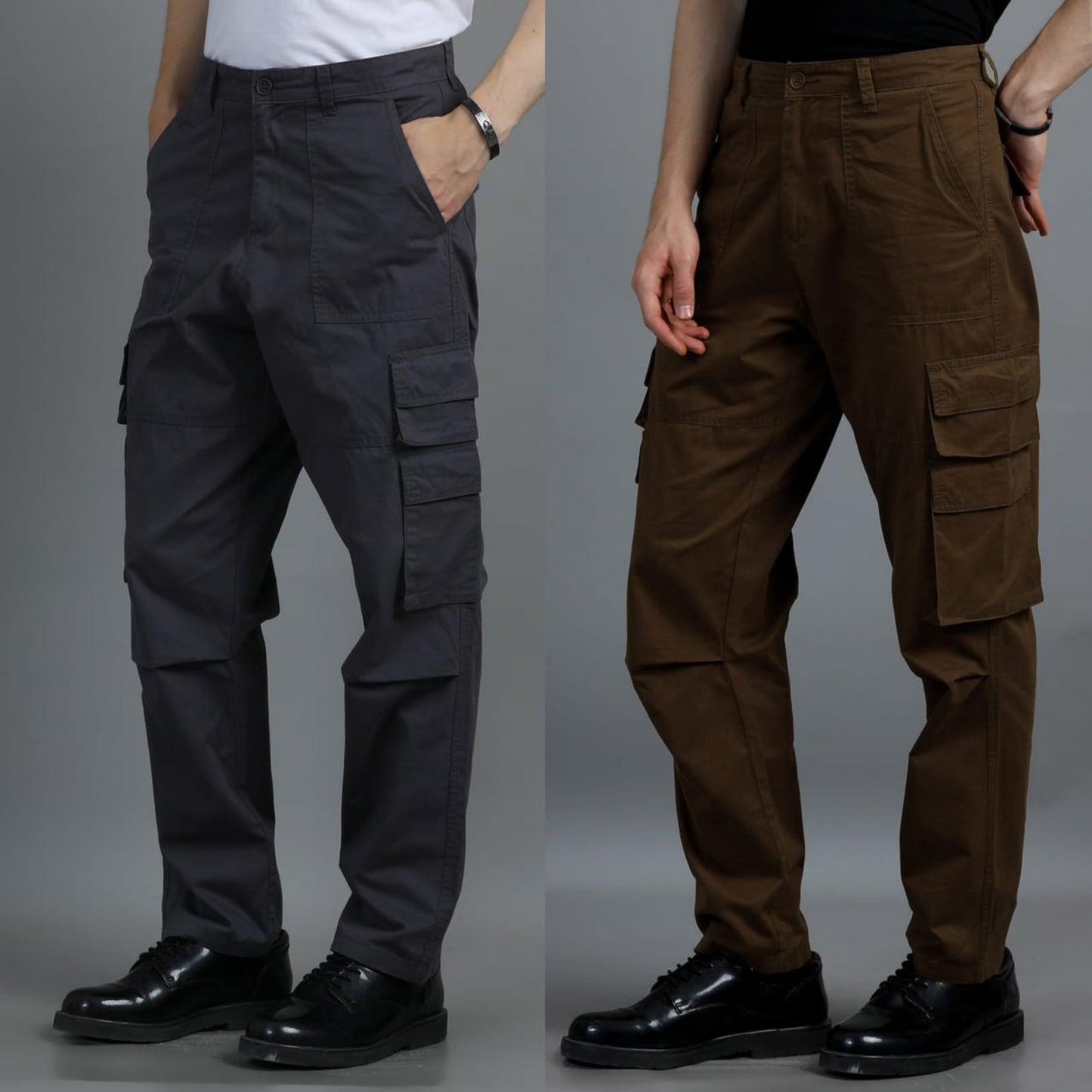 Pack of 2 Cotton Relaxed Fit Cargo Trousers, Charcoal Grey Brown