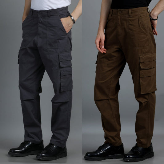 Pack of 2 Cotton Relaxed Fit Cargo Trousers, Charcoal Grey Brown