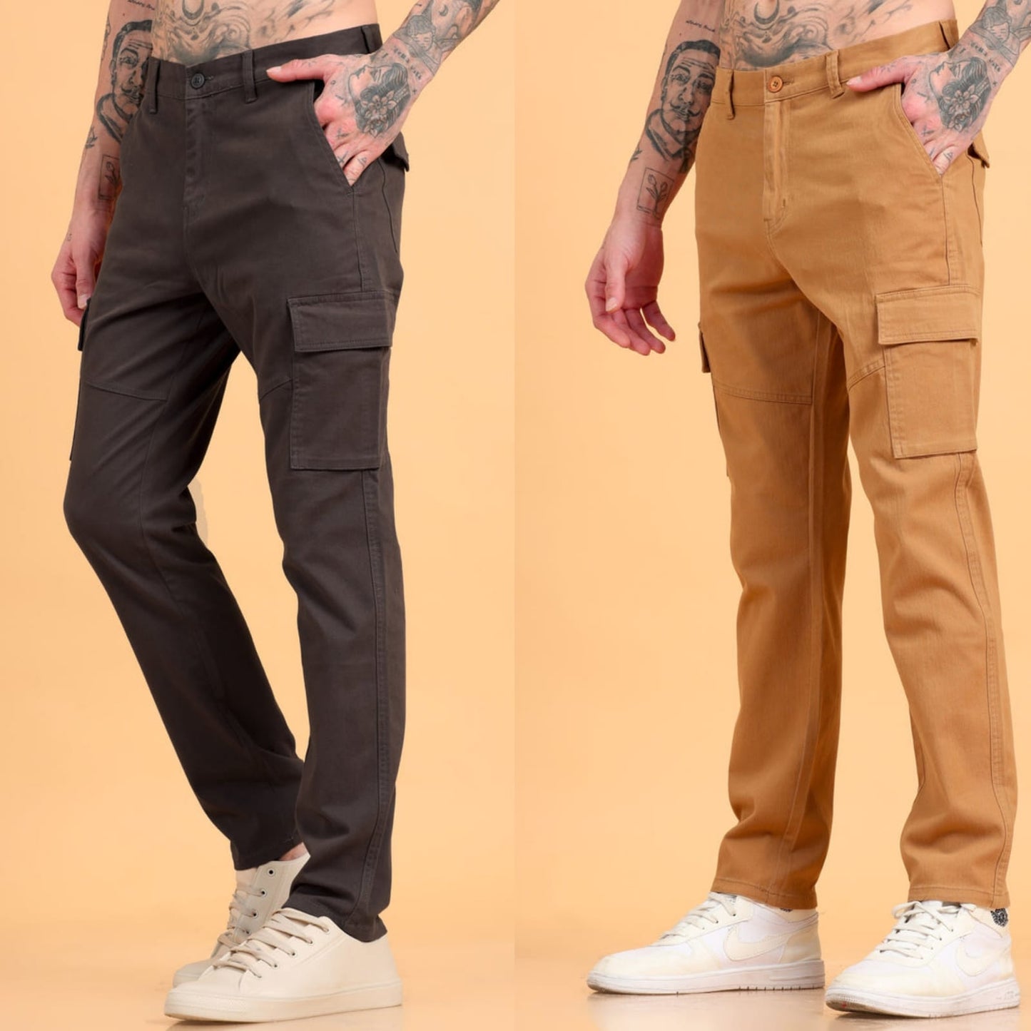 Pack of 2 Cotton Regular Fit Cargo Trousers, KHAKI BROWN
