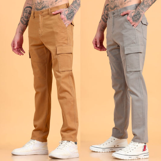 Pack of 2 Cotton Regular Fit Cargo Trousers, KHAKI GRAPHITE GREY