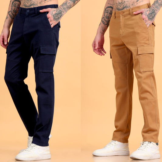 Pack of 2 Cotton Regular Fit Cargo Trousers, NAVY BLUE KHAKHI