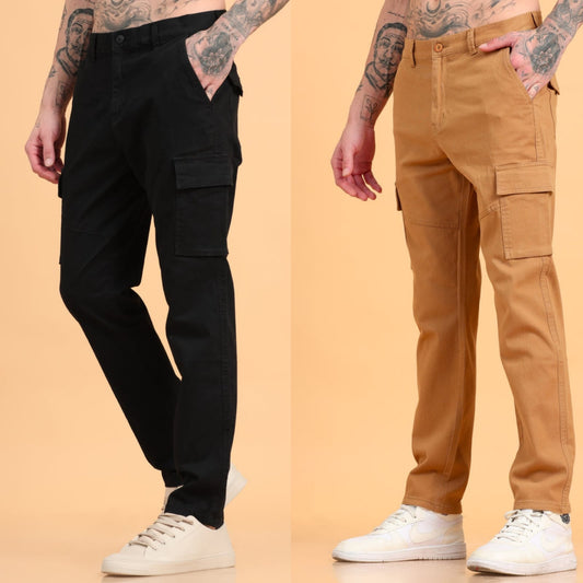 Pack of 2 Cotton Regular Fit Cargo Trousers, BLACK KHAKHI