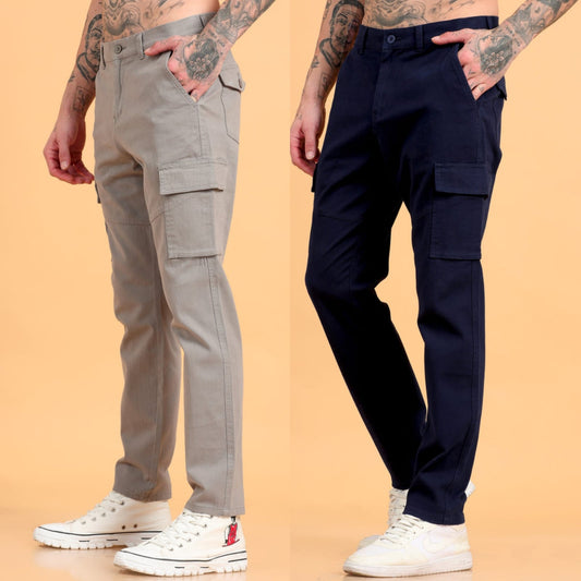 Pack of 2 Cotton Regular Fit Cargo Trousers, GRAPHITE GREY NAVY