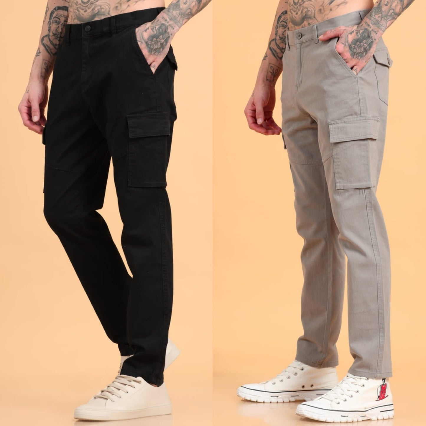 Pack of 2 Cotton Regular Fit Cargo Trousers, BLACK GRAPHITE GREY