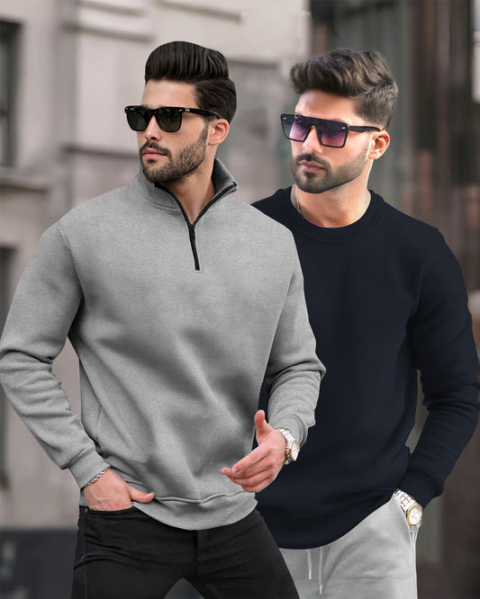 (Pack Of 2) Plain Winter Sweatshirts High Neck Grey & Round Neck Black