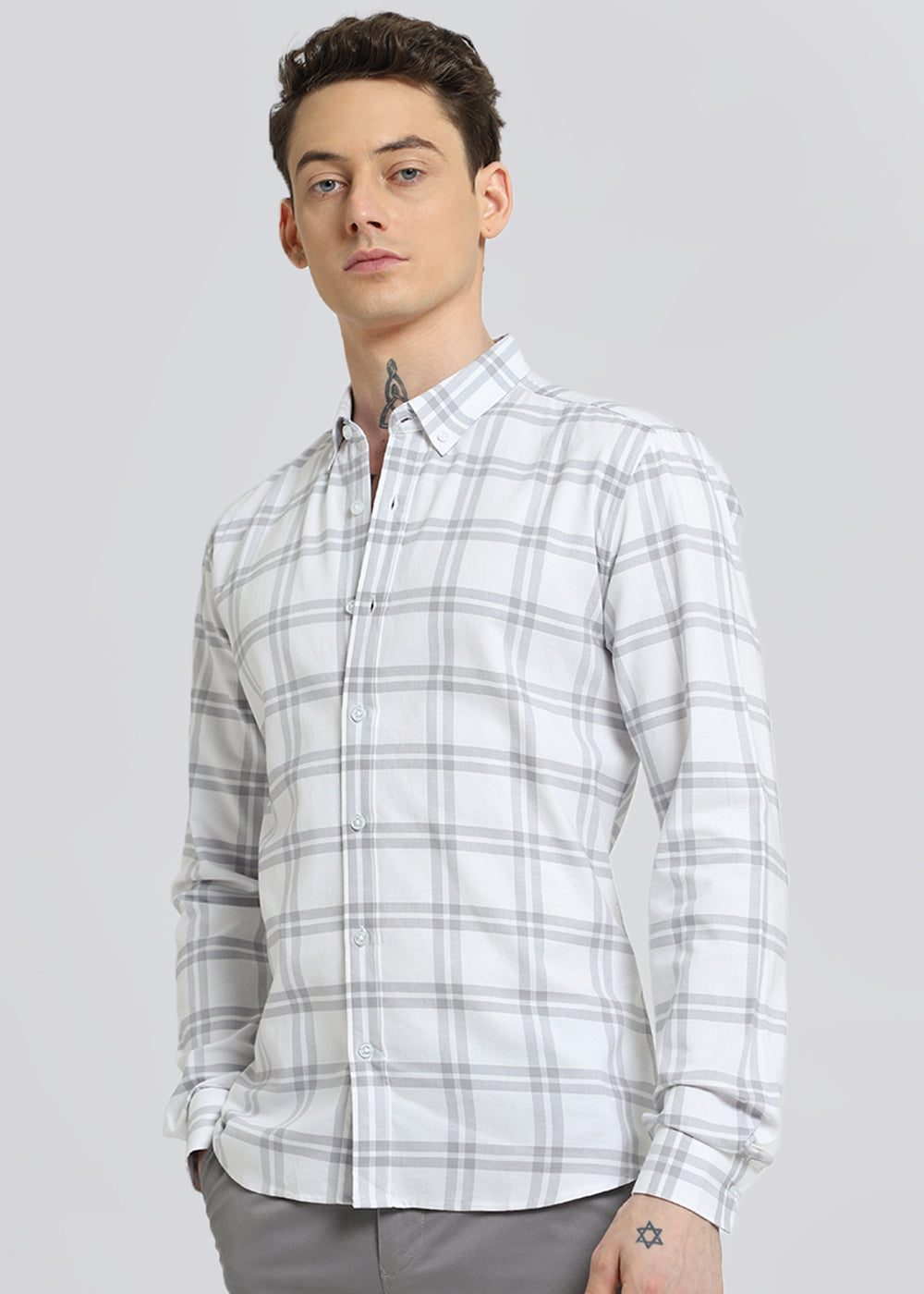 Pastel Grey Oxford Cotton Check Shirt