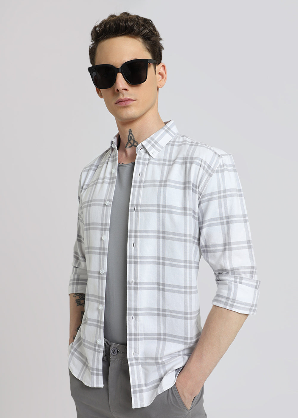 Pastel Grey Oxford Cotton Check Shirt