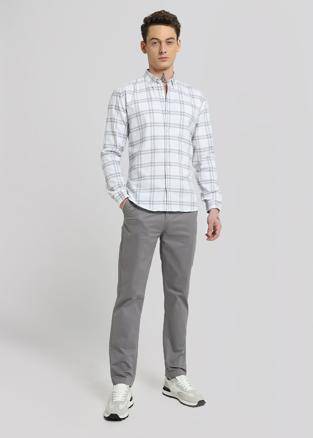 Pastel Grey Oxford Cotton Check Shirt