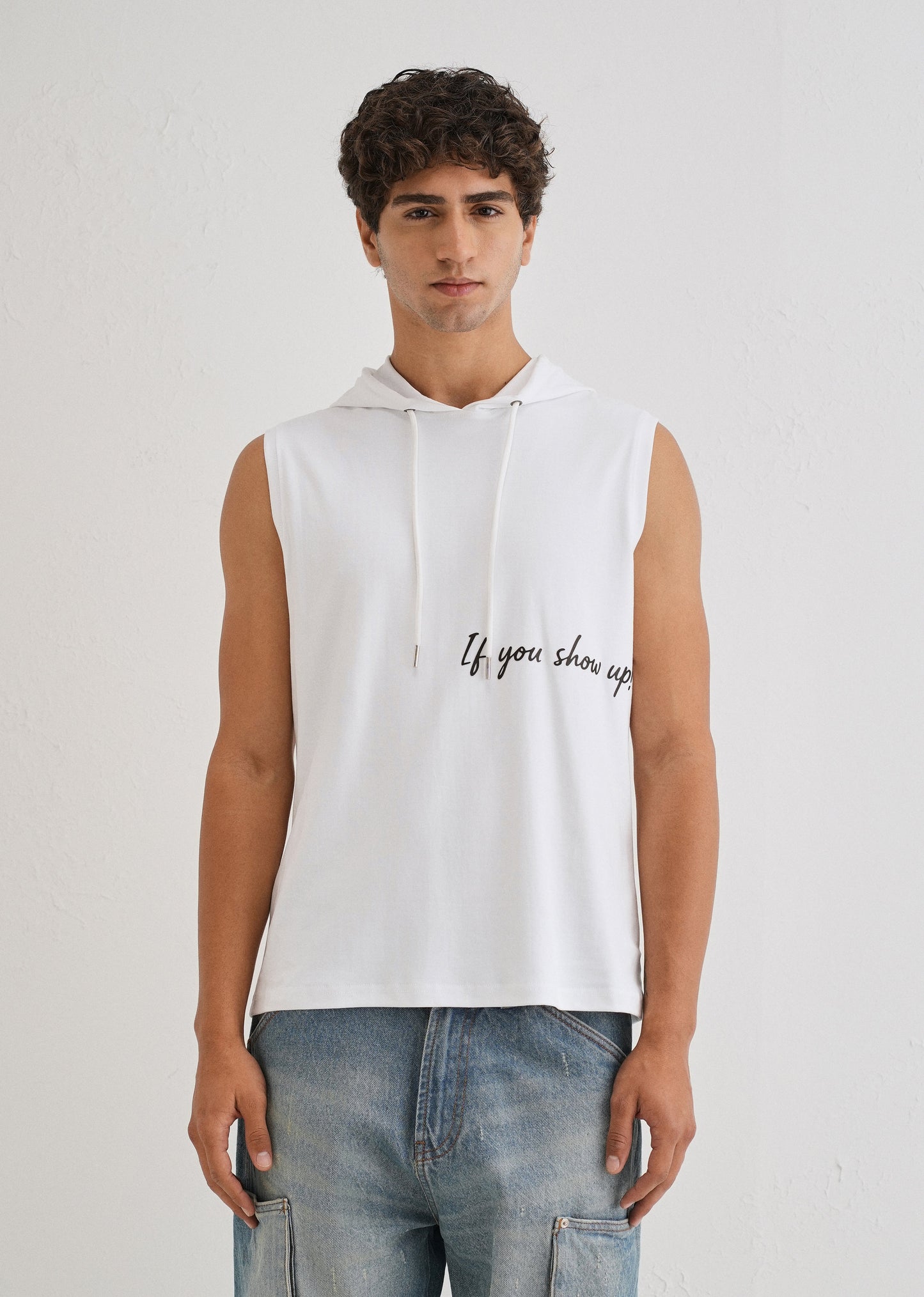 Pure White Typography Printed Hoodie Tank