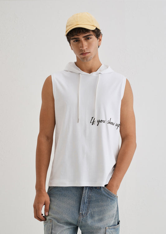 Pure White Typography Printed Hoodie Tank