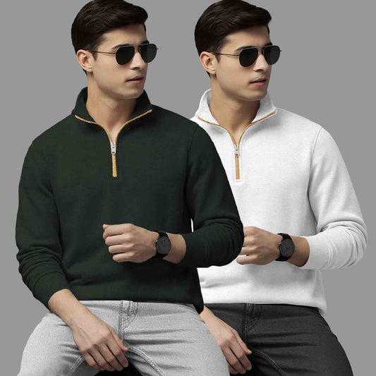 (Pack Of 2) High Neck Olive & White Plain Sweatshirts