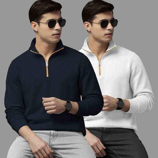 (Pack Of 2) High Neck Navyblue & White Plain Sweatshirts