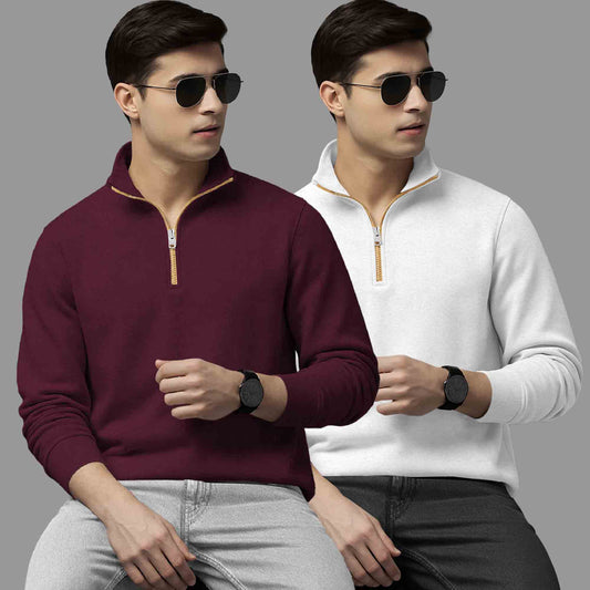 (Pack Of 2) High Neck Maroon & White Plain Sweatshirts