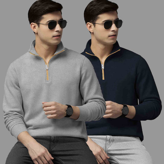 (Pack Of 2) High Neck Grey & Navyblue Plain Sweatshirts
