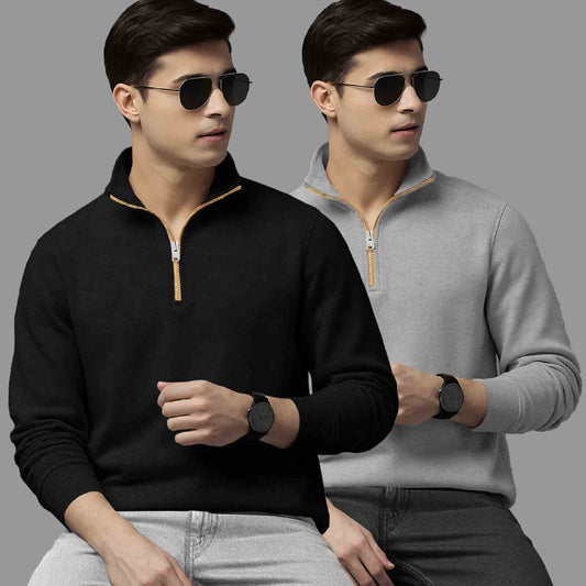 (Pack Of 2) High Neck Black & Grey Plain Sweatshirts
