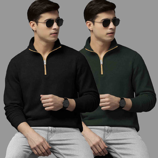 (Pack Of 2) High Neck Black & Olive Plain Sweatshirts