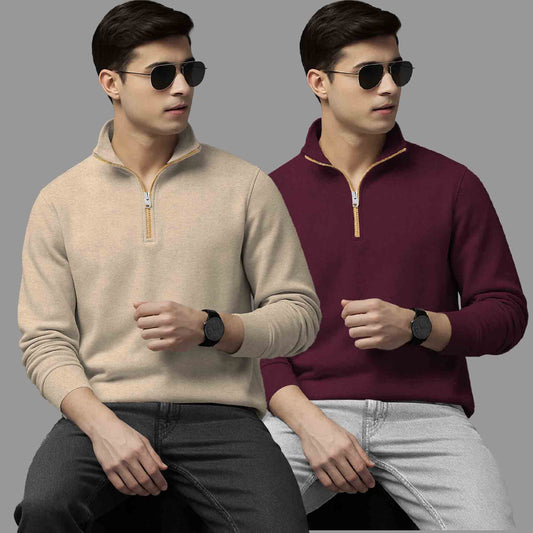 (Pack Of 2) High Neck Beige & Maroon Plain Sweatshirts