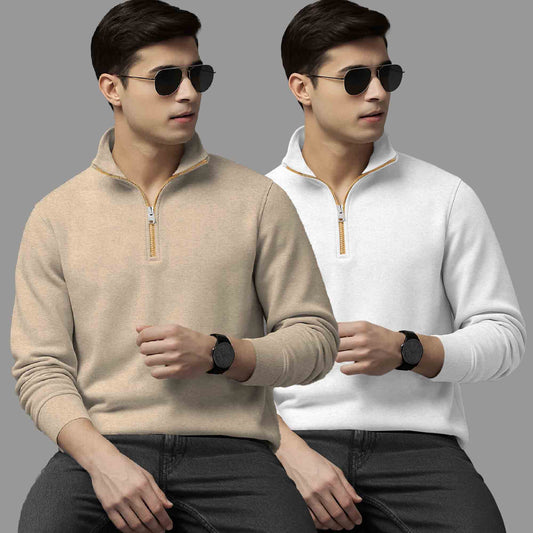 (Pack Of 2) High Neck Beige & White Plain Sweatshirts
