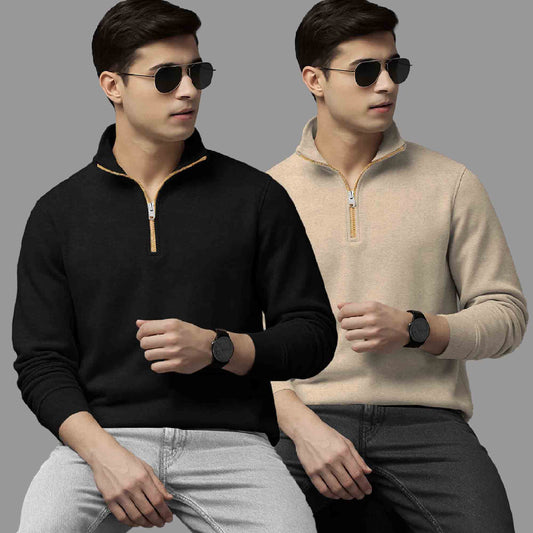 (Pack Of 2) High Neck Black & Beige Plain Sweatshirts