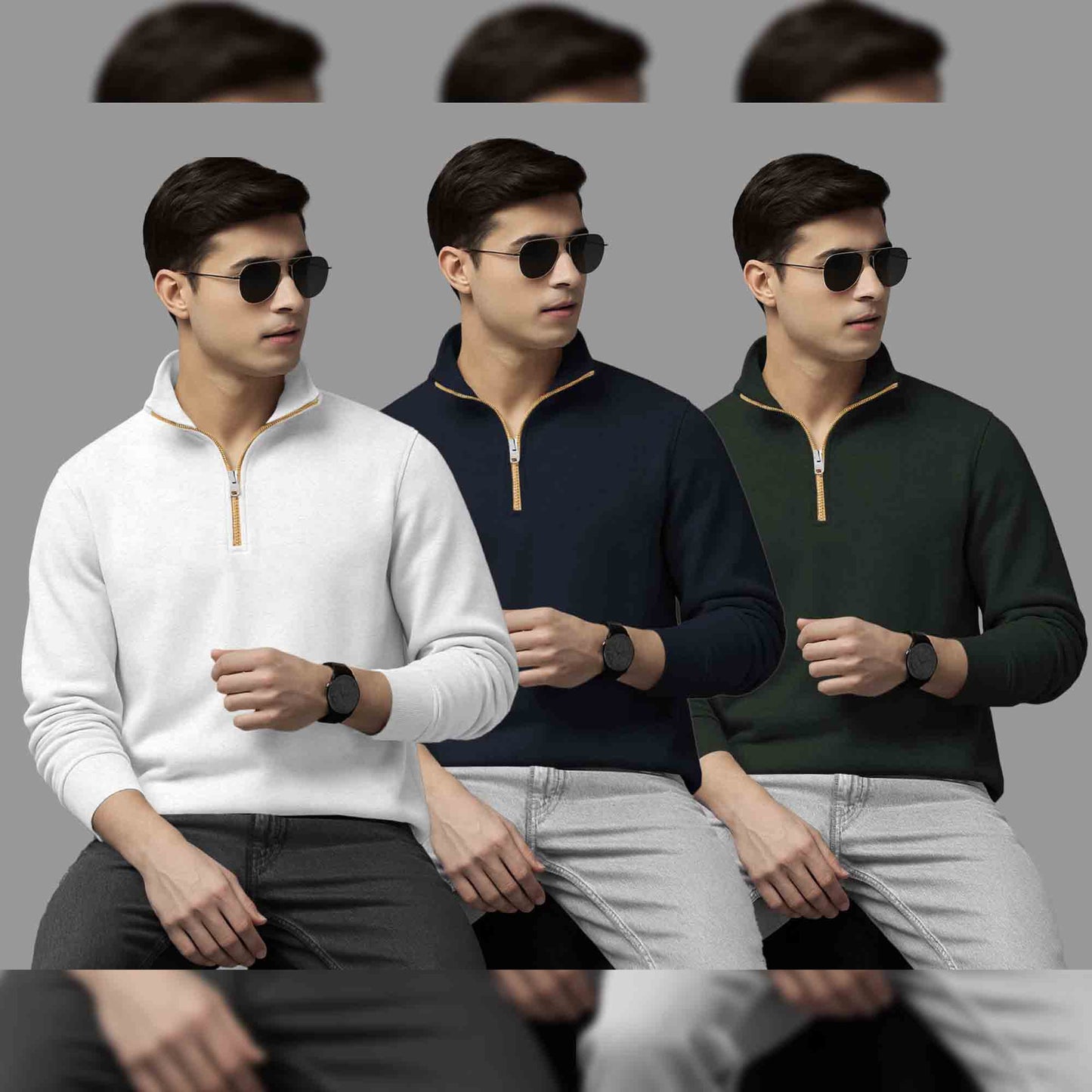 (Pack Of 3) Mens High Neck Sweatshirts White- Navy-Olive
