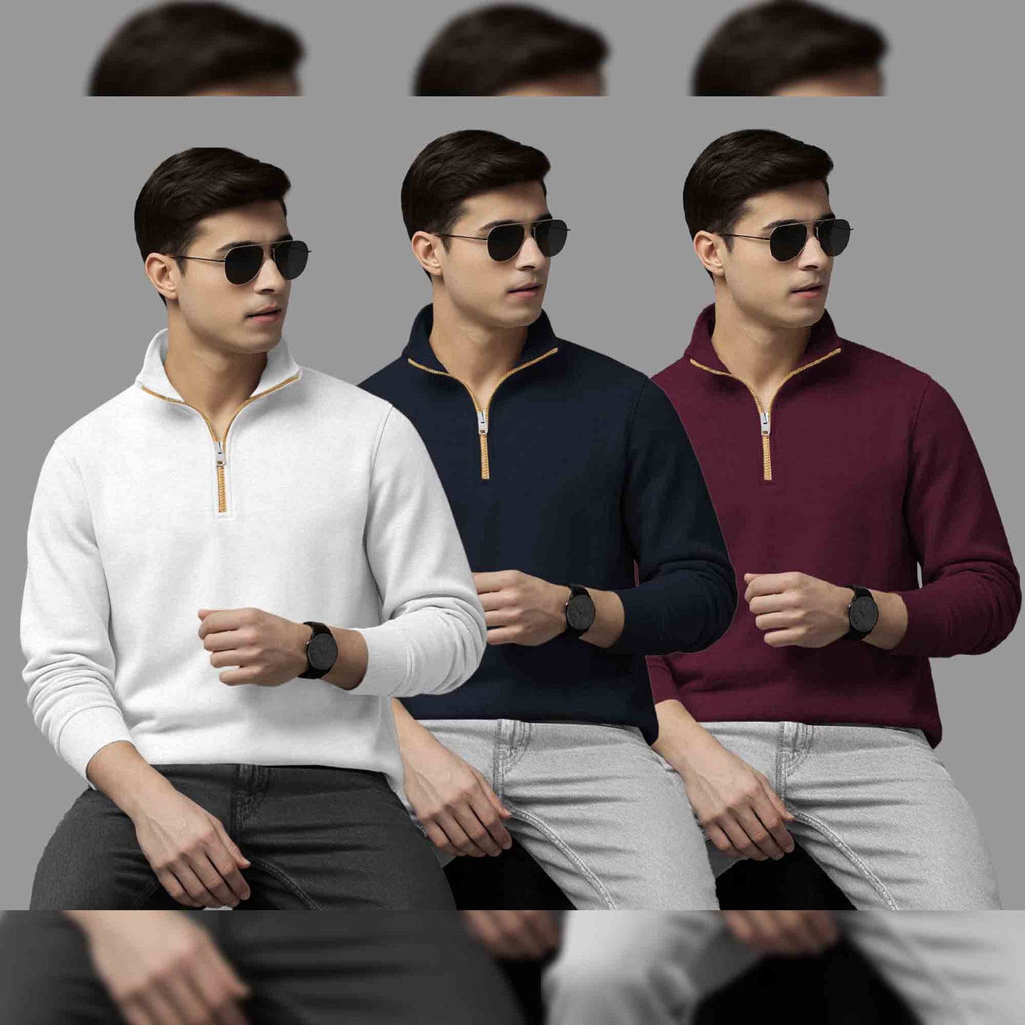 (Pack Of 3) Mens High Neck Sweatshirts White- Navy-Maroon