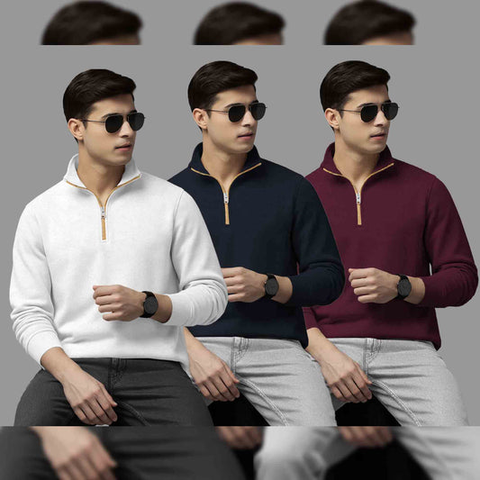 (Pack Of 3) Mens High Neck Sweatshirts White- Navy-Maroon