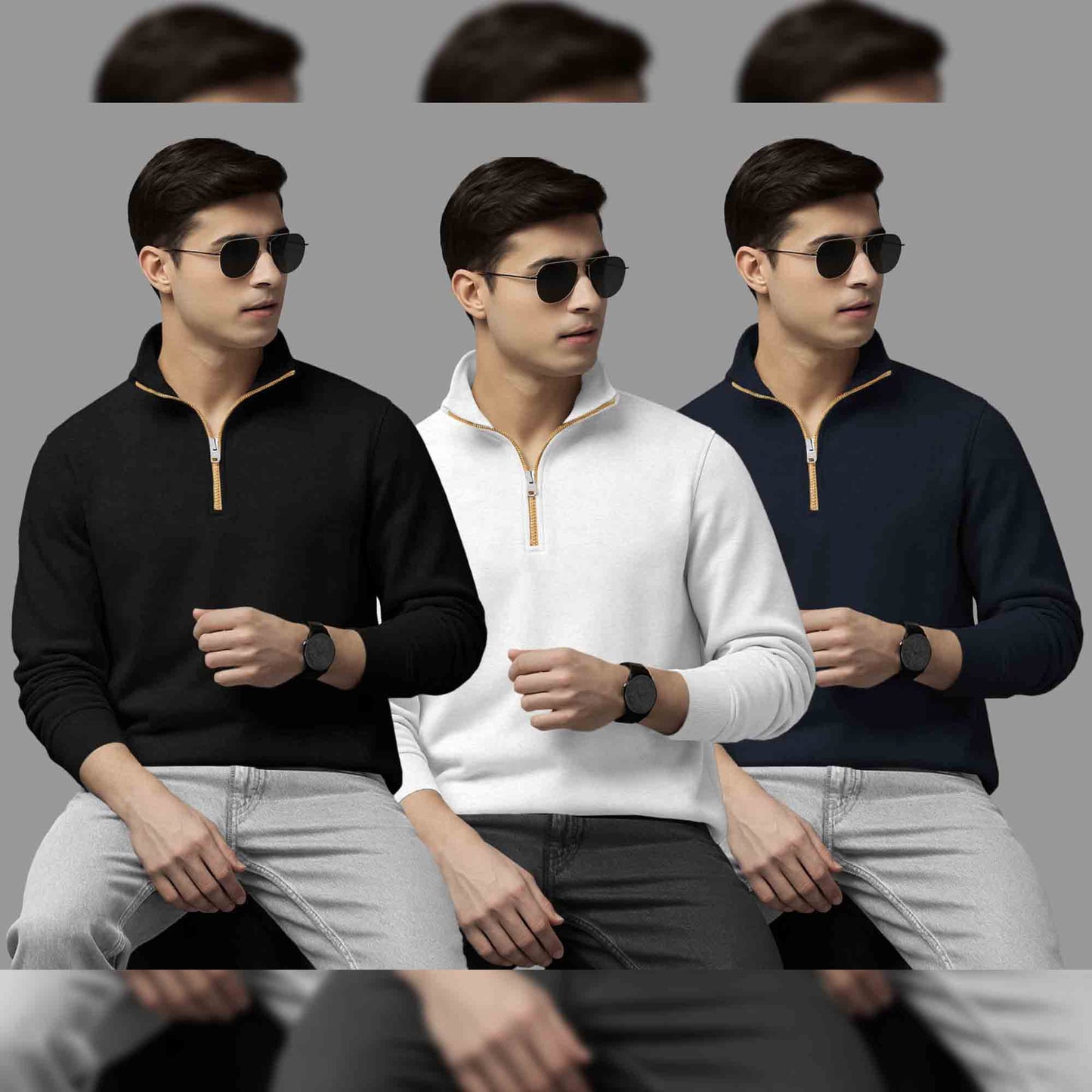 (Pack Of 3) Mens High Neck Sweatshirts Black-White- Navy
