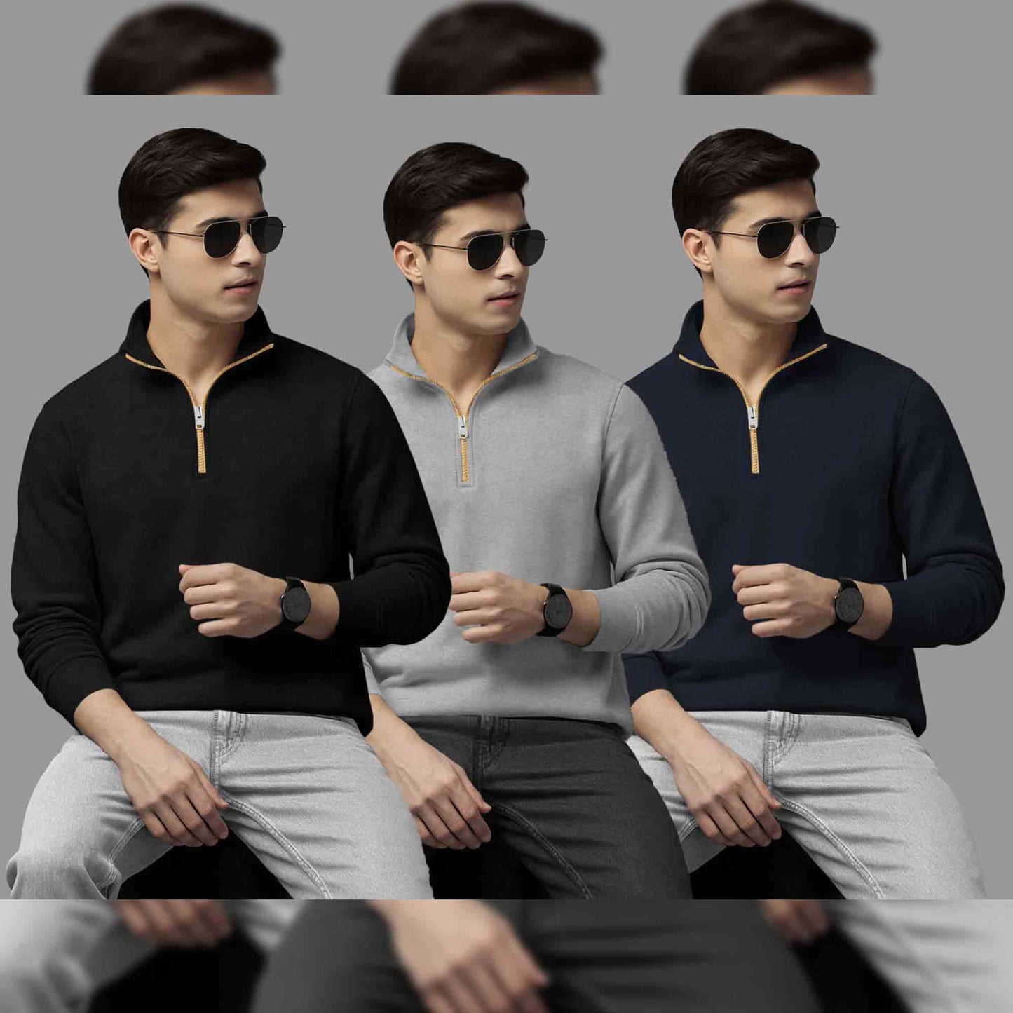 (Pack Of 3) Mens High Neck Sweatshirts Black-Grey- Navy
