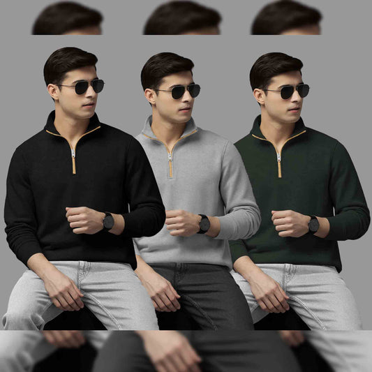 (Pack Of 3) Mens High Neck Sweatshirts Black-Grey-Olivegreen