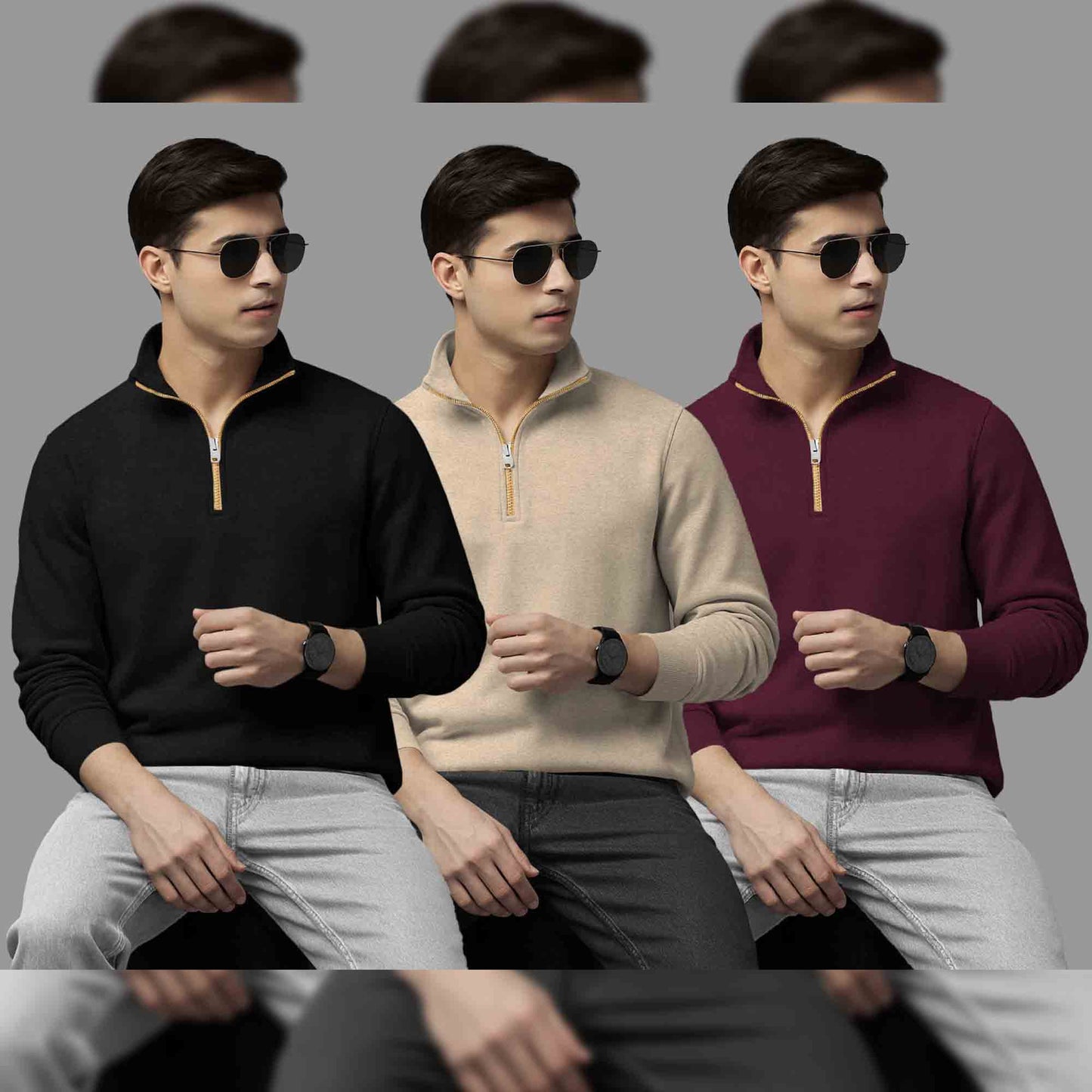 (Pack Of 3) Mens High Neck Sweatshirts Black-Beige-Maroon