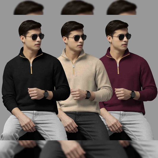 (Pack Of 3) Mens High Neck Sweatshirts Black-Beige-Maroon