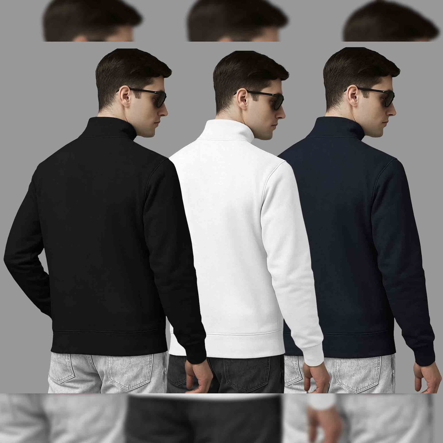 (Pack Of 3) Mens High Neck Sweatshirts Black-White- Navy