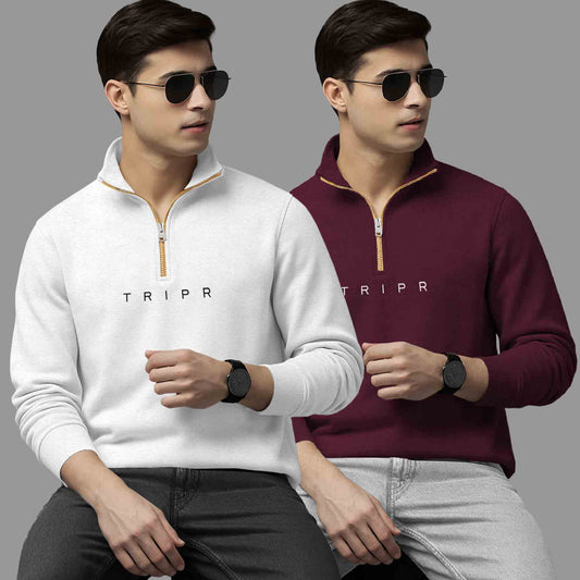 (Pack Of 2) High Neck White & Maroon Sweatshirts