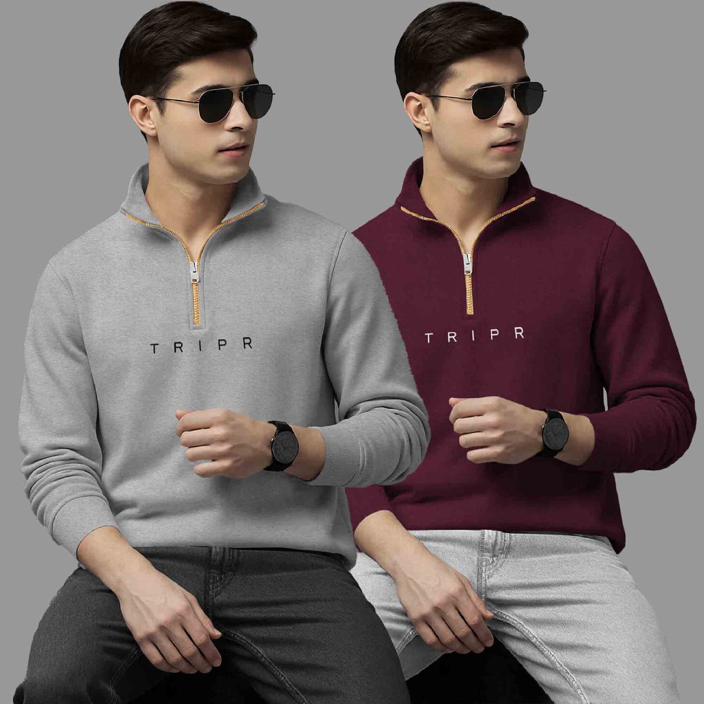 (Pack Of 2) High Neck Grey & Maroon Sweatshirts