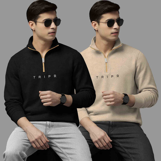 (Pack Of 2) High Neck Black & Beige Sweatshirts